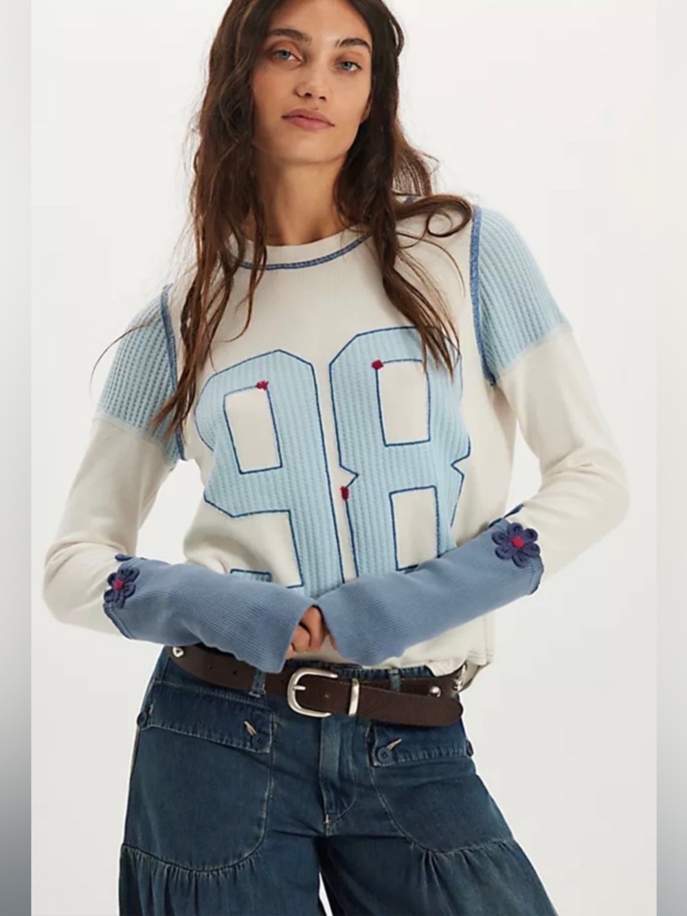 S008. Free People We The Free Lana Long Sleeve Tee Blue & White Knit  $128